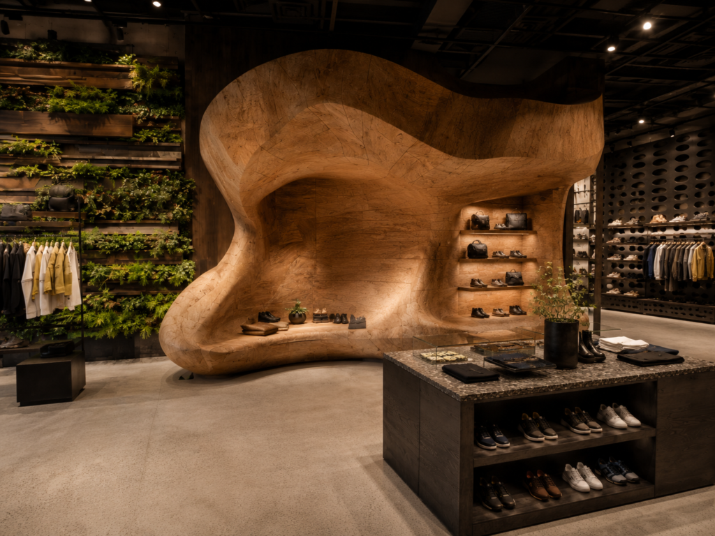 Conceptual retail interior featuring a sculptural carved wood installation and custom display elements