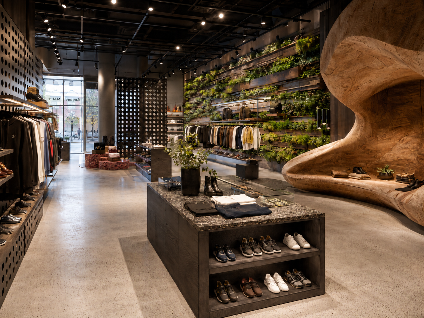Conceptual retail interior with custom wood displays, warm lighting, and layered material details