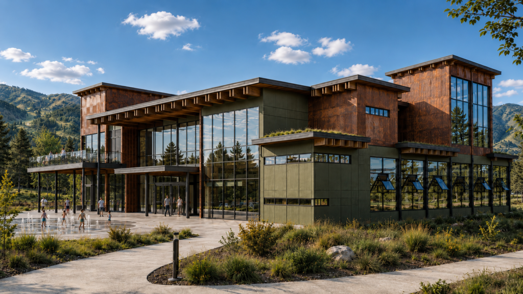 Conceptual athletic center exterior including weathering steel and swiss pearl panels on rainscreen underlayment with large glass walls, landscaped walkways, and mountain setting