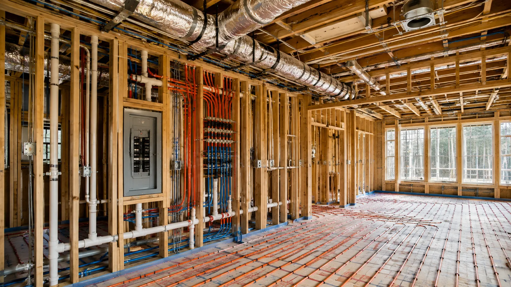Exposed plumbing, electrical, HVAC, framing, and building systems documented before walls and finishes are installed.