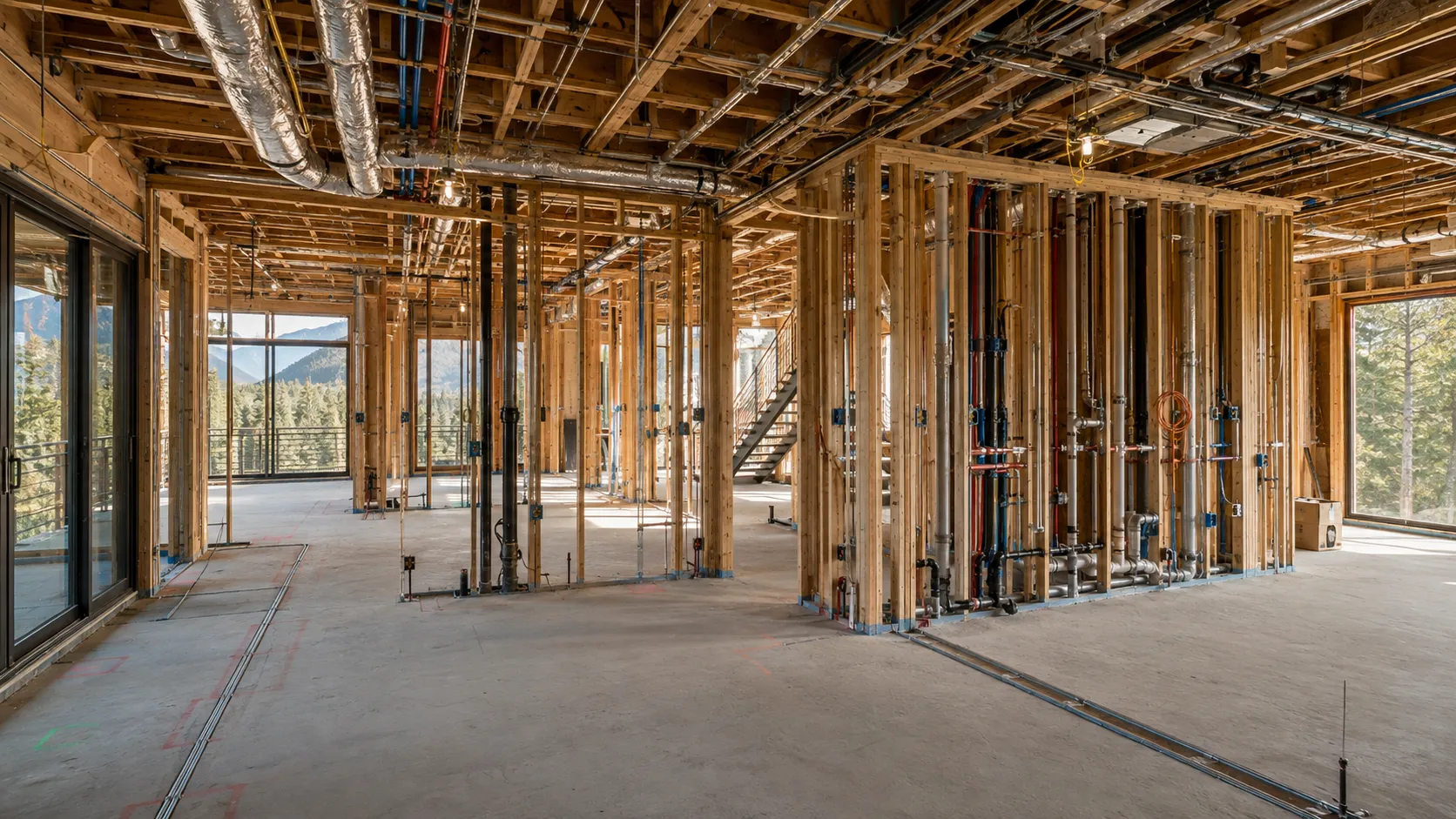 Open framed residence with building systems visible during the rough-in stage of construction.