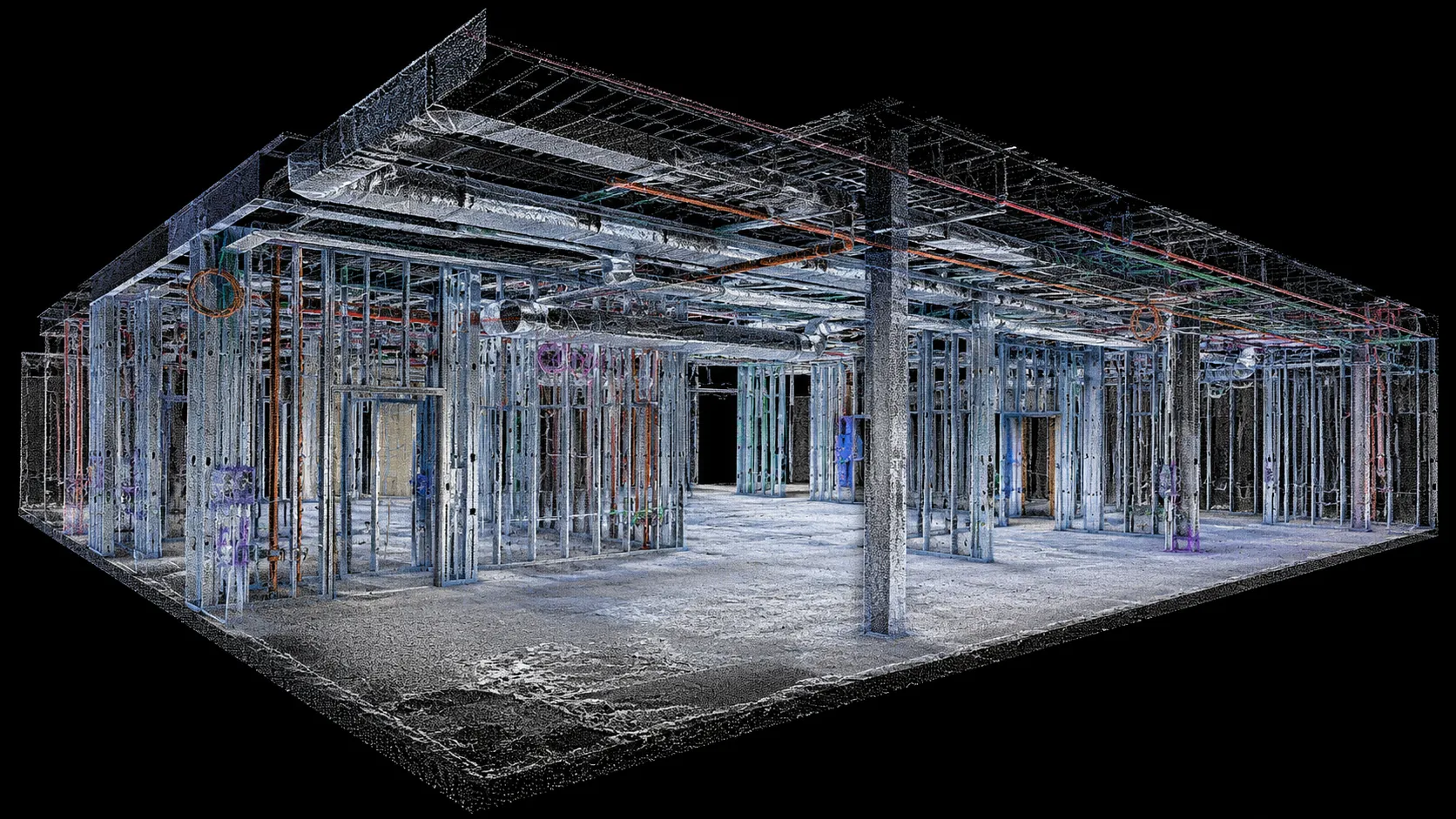 3D point-cloud model of framed construction and building systems captured for spatial reference.