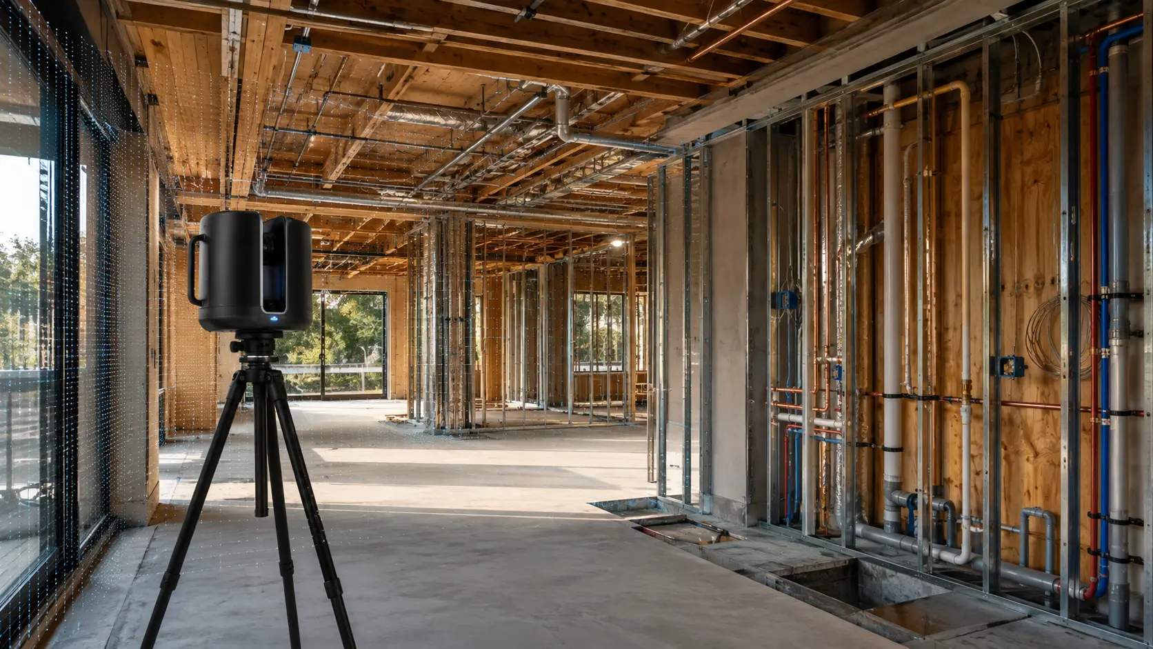3D scanner documenting exposed framing and building systems during construction.