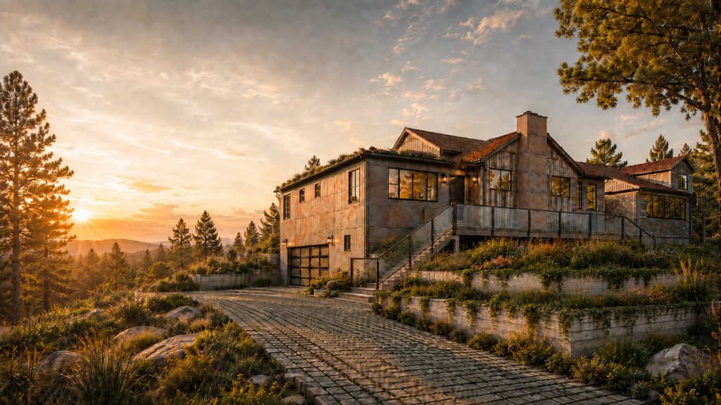 Conceptual visualization of a custom mountain home with patinated weathering steel panels, weathered wood, glass railings, and terraced landscaping at sunset.