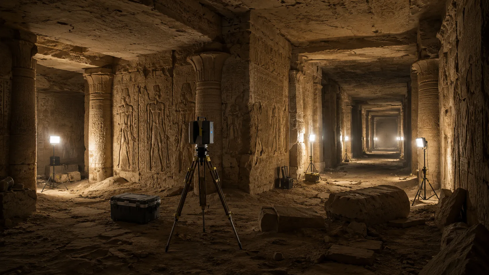 LiDAR scanner documenting an ancient Egyptian temple interior
