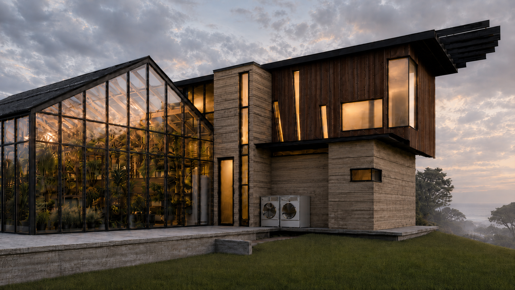 Architectural rendering of a modern La Selva Beach coastal residence with a greenhouse, barn wood, and corrugated Corten steel exterior at dusk.