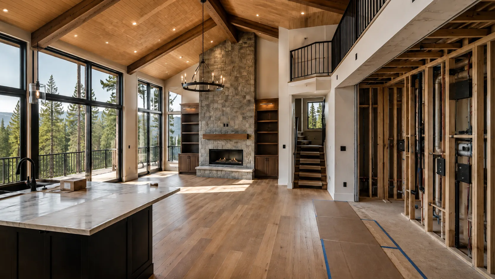 Nearly completed mountain residence with an unfinished wall section revealing concealed building systems.