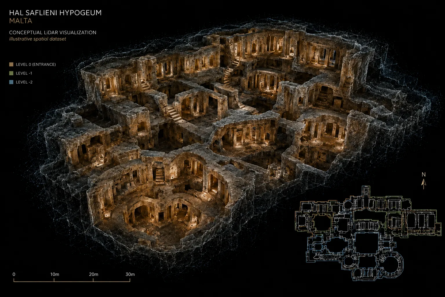 Conceptual LiDAR-style visualization of a multi-level Maltese underground rock-cut site with floor plan, scale bar, and spatial data graphics.