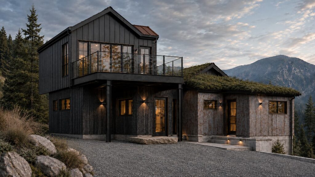 Modern mountain home with shou sugi ban wood siding, large windows, glass-rail deck, and green roof