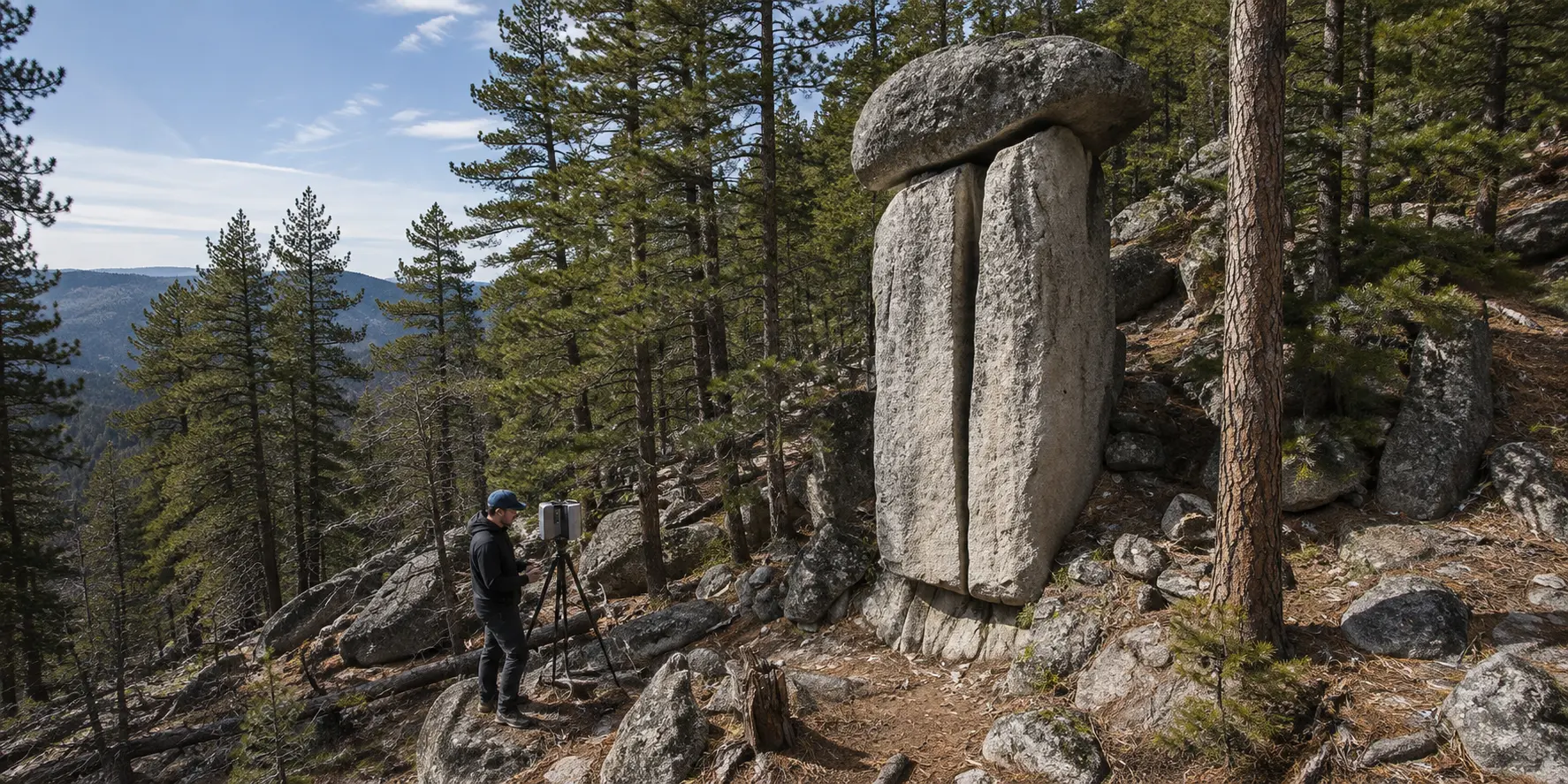 LiDAR scanner documenting a remote stone dolmen in a mountain boulder field with nearby pine forest.
