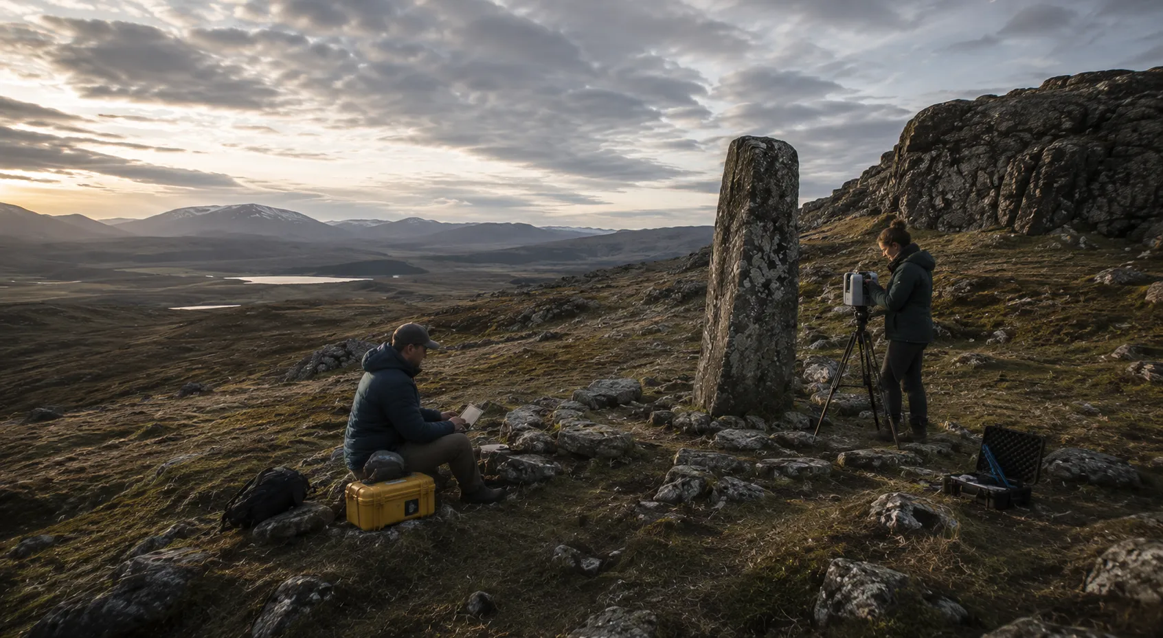 Conceptual illustration of a two-person field team using LiDAR scanning equipment beside a remote standing stone in a mountain landscape.