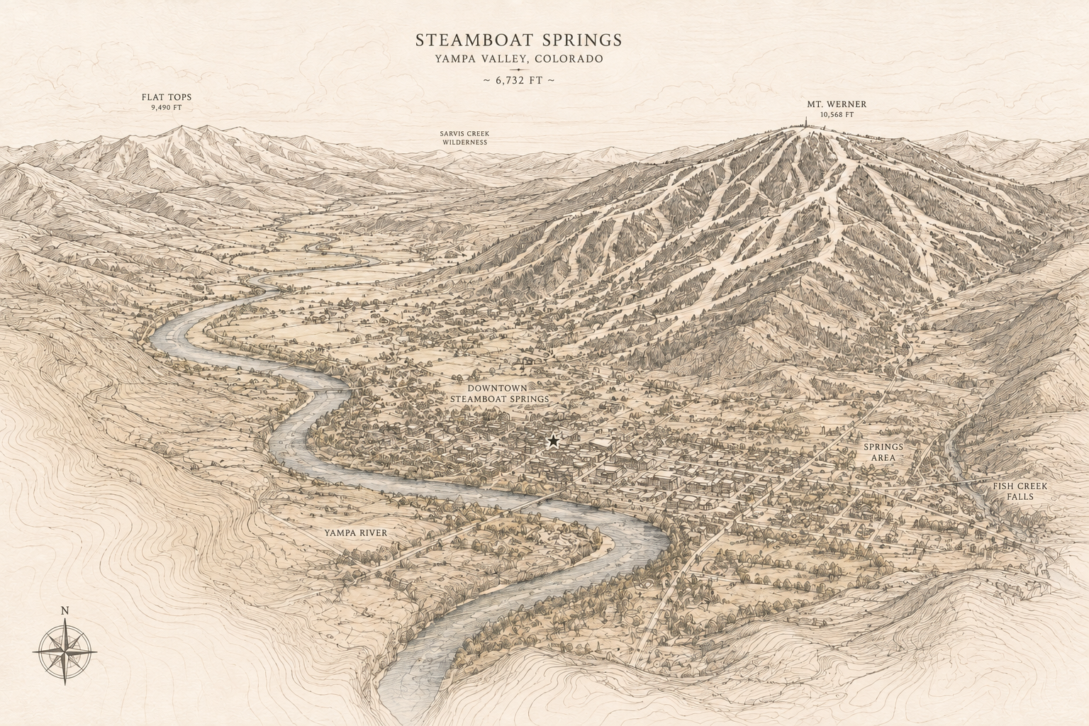 Hand-drawn topographic illustration of Steamboat Springs, the Yampa Valley, Yampa River, and Mount Werner